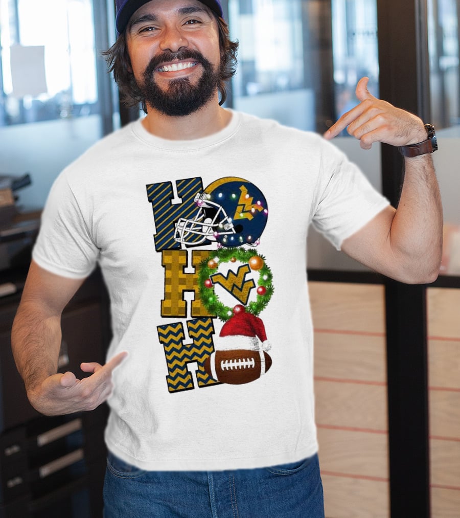 West Virginia Mountaineers Football Christmas Ho Ho Ho Helmet Wreath Santa Hat Game Day T-Shirt