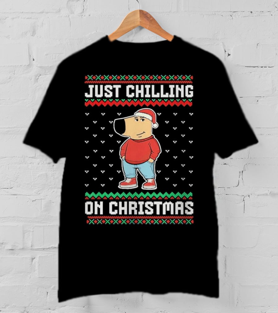 Chill Guy Meme Just Chilling On Christmas Sweater Style Santa Hat Red Green T-Shirt