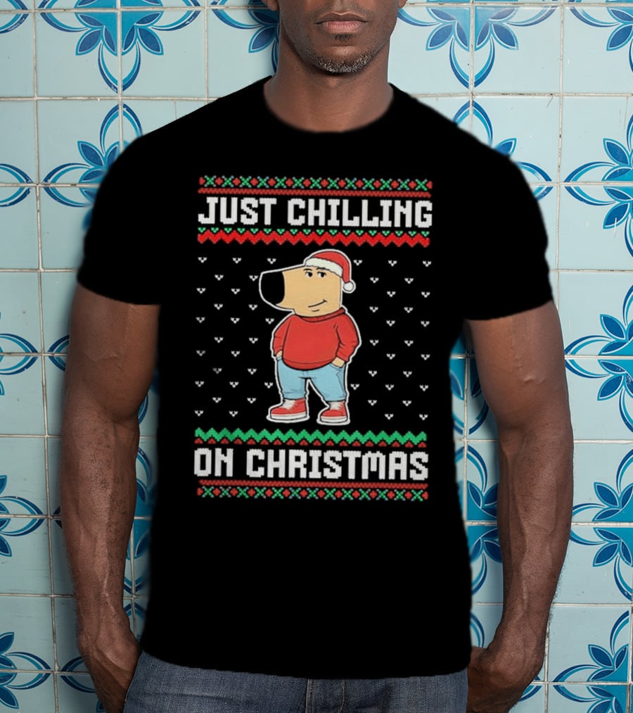 Chill Guy Meme Just Chilling On Christmas Sweater Style Santa Hat Red Green T-Shirt
