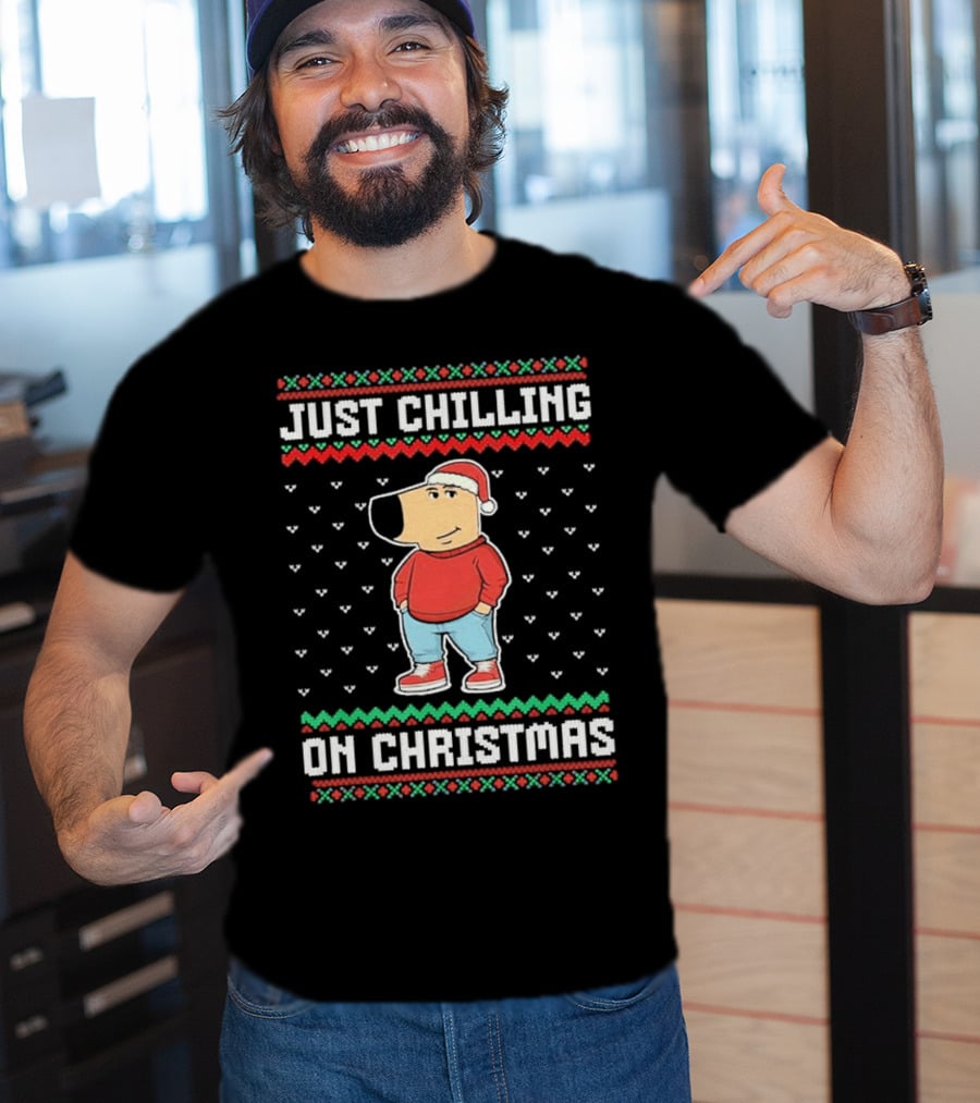 Chill Guy Meme Just Chilling On Christmas Sweater Style Santa Hat Red Green T-Shirt