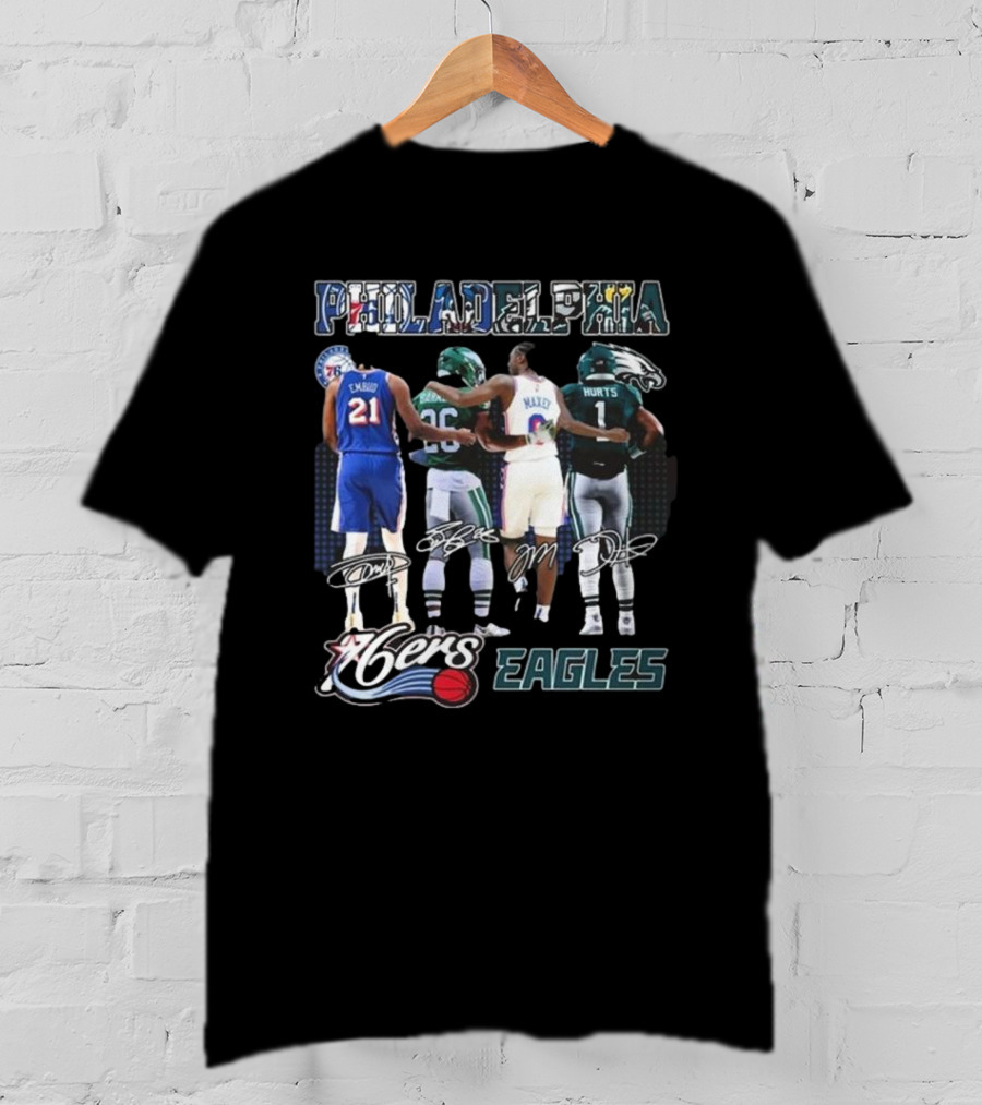 Philadelphia 76ers Joel Embiid And Philadelphia Eagles Sanders Hurts Collaborative Signature T-Shirt