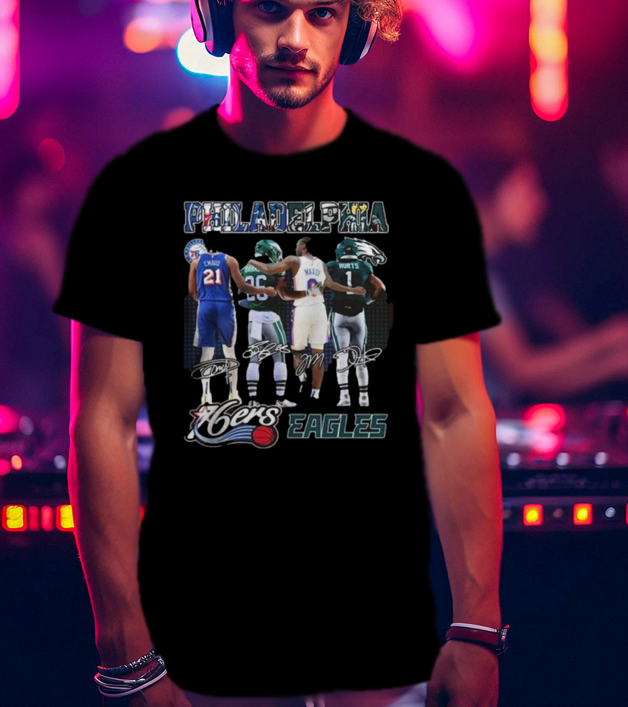 Philadelphia 76ers Joel Embiid And Philadelphia Eagles Sanders Hurts Collaborative Signature T-Shirt