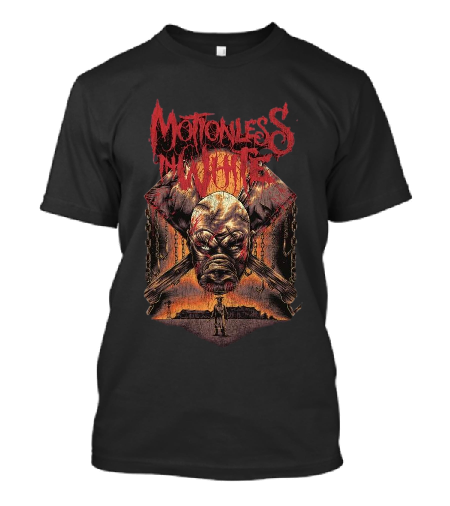 Motionless In White Slaughterhouse Horror Mask Chains Crossed Axes T-Shirt