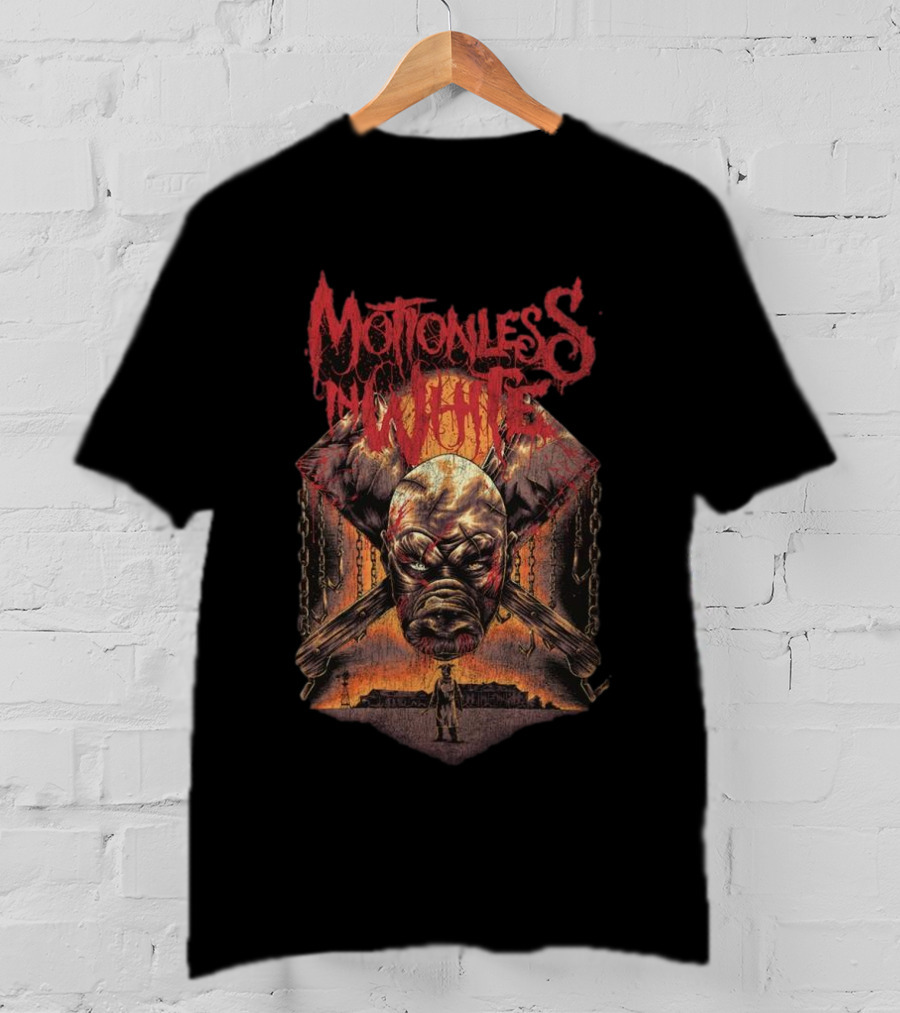 Motionless In White Slaughterhouse Horror Mask Chains Crossed Axes T-Shirt