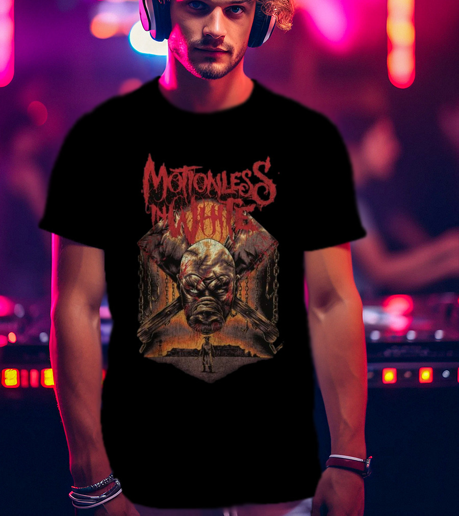 Motionless In White Slaughterhouse Horror Mask Chains Crossed Axes T-Shirt