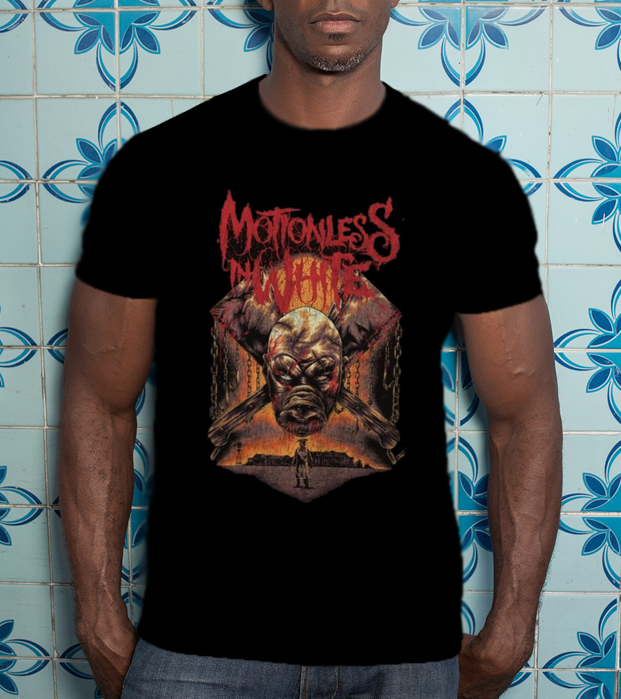 Motionless In White Slaughterhouse Horror Mask Chains Crossed Axes T-Shirt