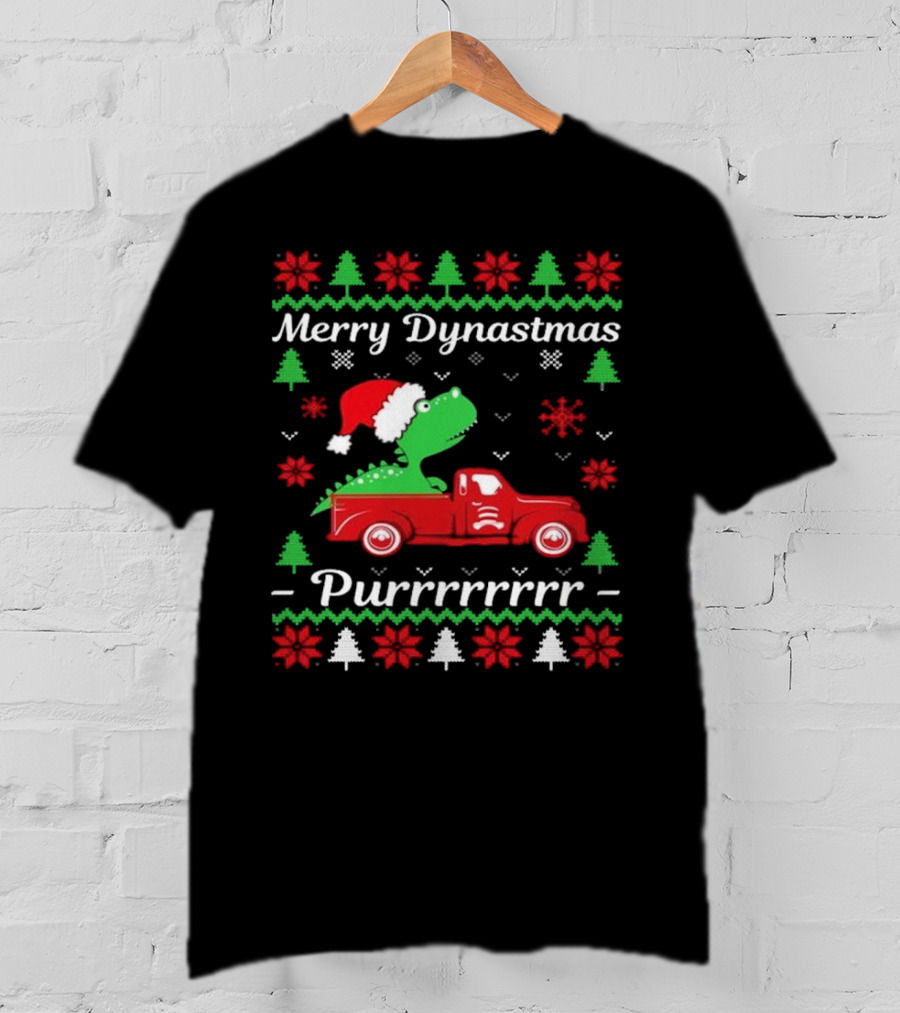 Merry Dynastmas Dinosaur Santa Hat Red Truck Ugly Christmas Purrrrrrrr T-Shirt