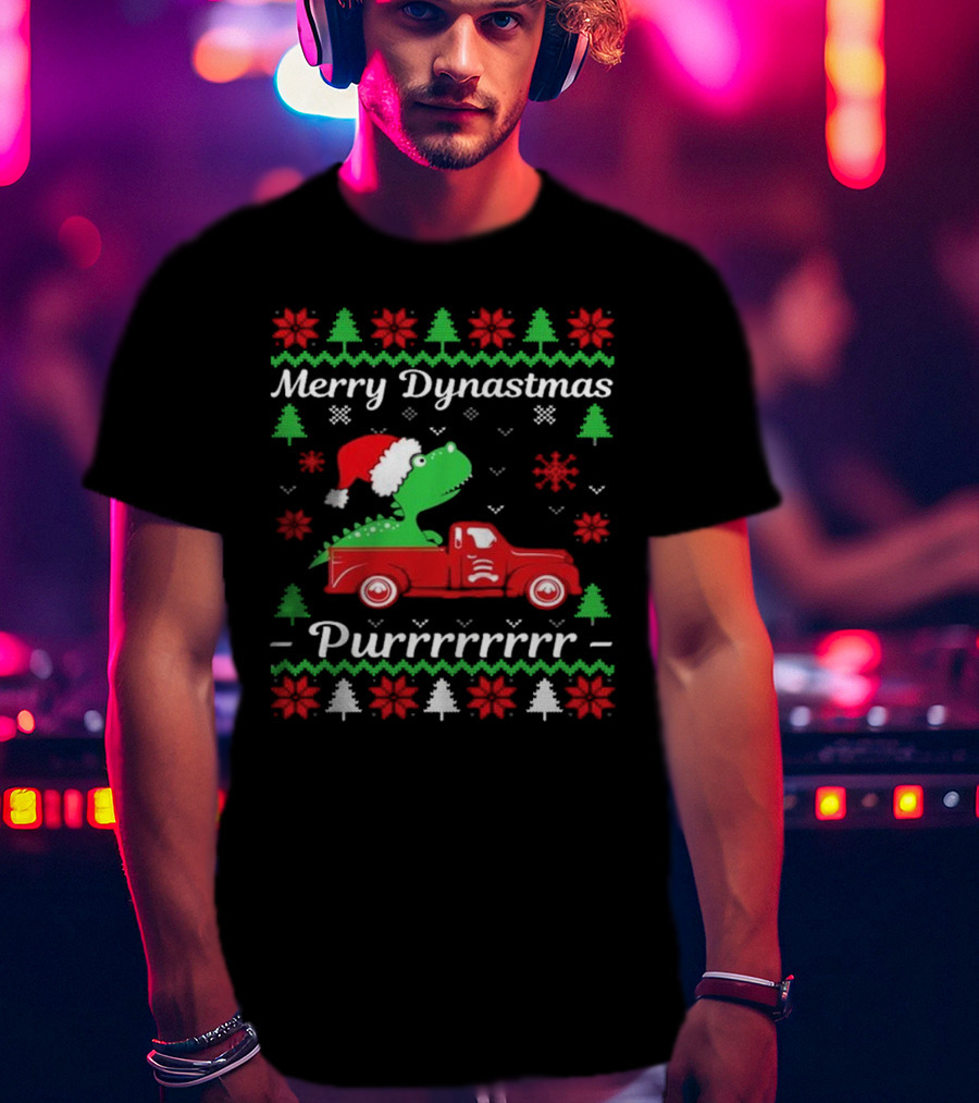 Merry Dynastmas Dinosaur Santa Hat Red Truck Ugly Christmas Purrrrrrrr T-Shirt