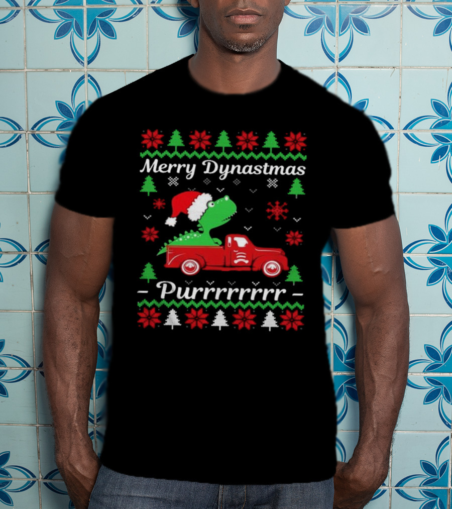 Merry Dynastmas Dinosaur Santa Hat Red Truck Ugly Christmas Purrrrrrrr T-Shirt