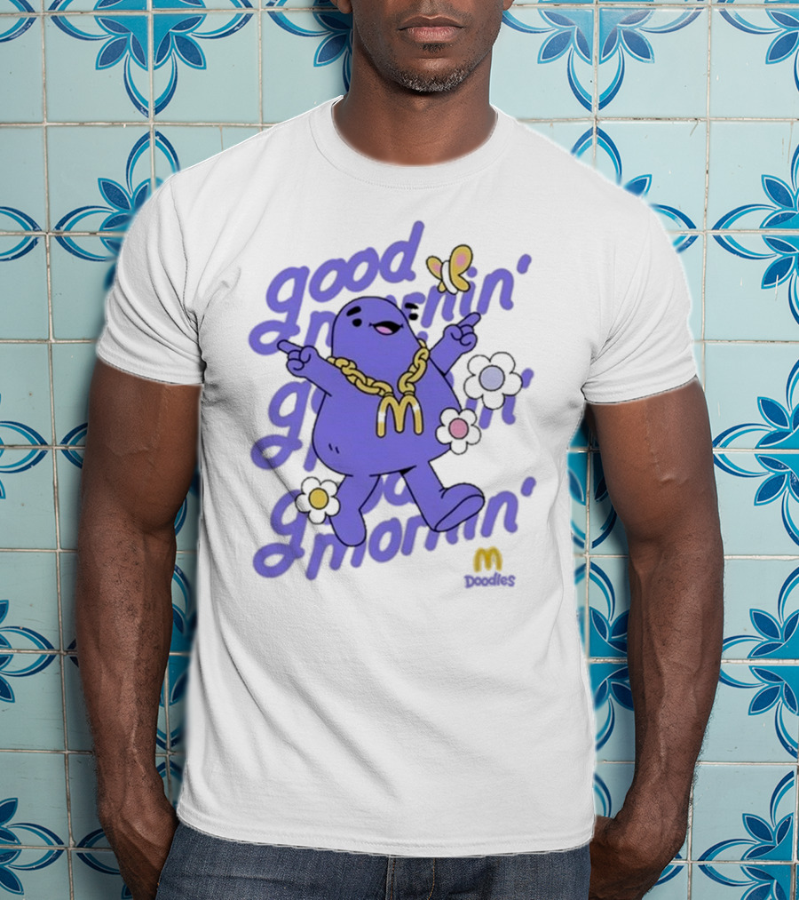 Good Mornin’ Grimace Doodles McDonald’s Butterfly Flowers T-Shirt