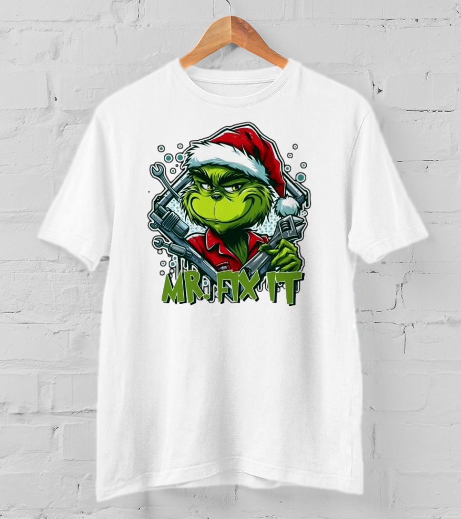 Mr. Fix It Grinch Merry Christmas Santa Hat Wrench Holiday T-Shirt
