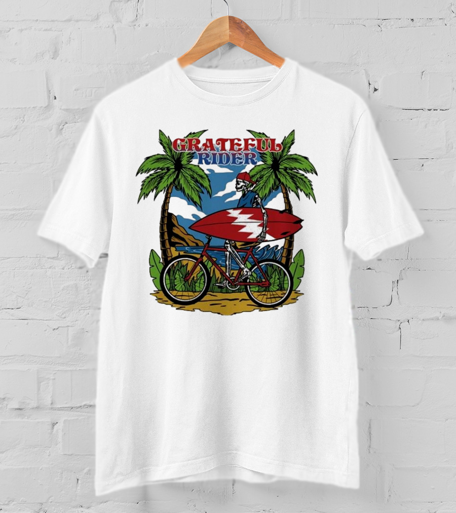 Grateful Rider Skeleton Beach Cruiser With Surfboard And Palm Trees T-Shirt