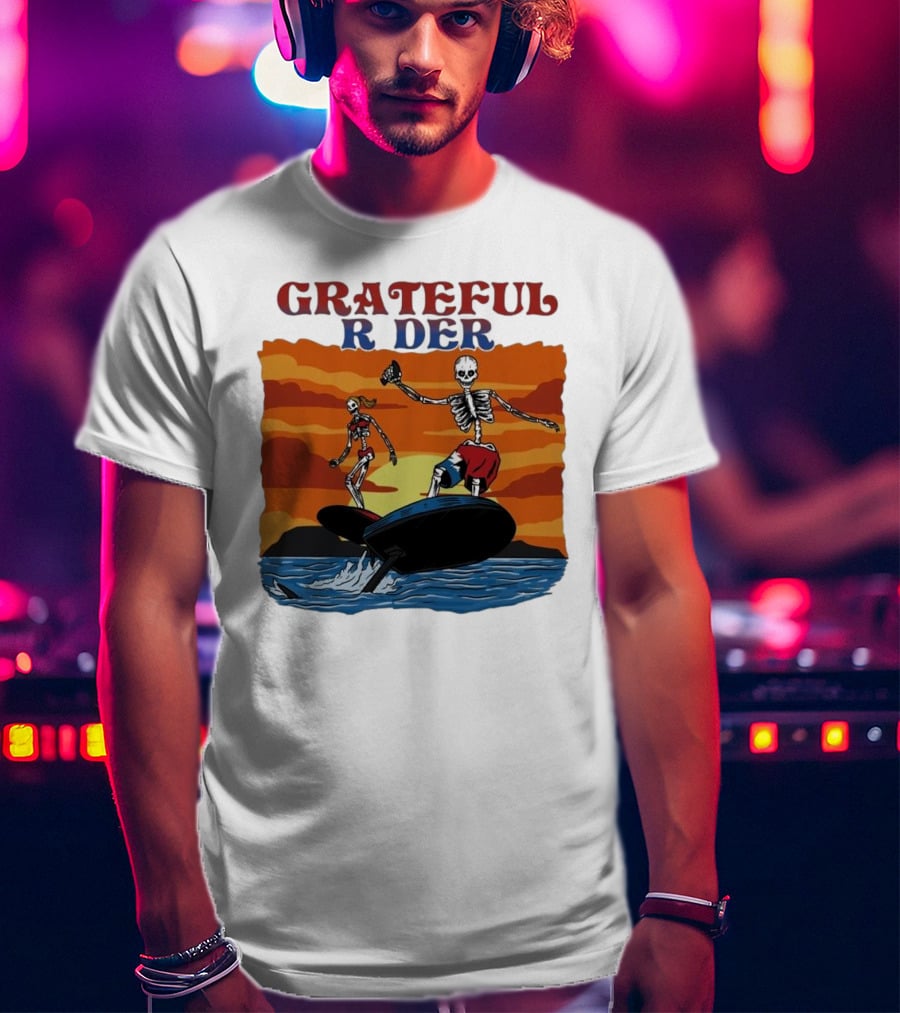 Grateful Rider Skeletons Surfing Sunset E-foil Adventure T-Shirt