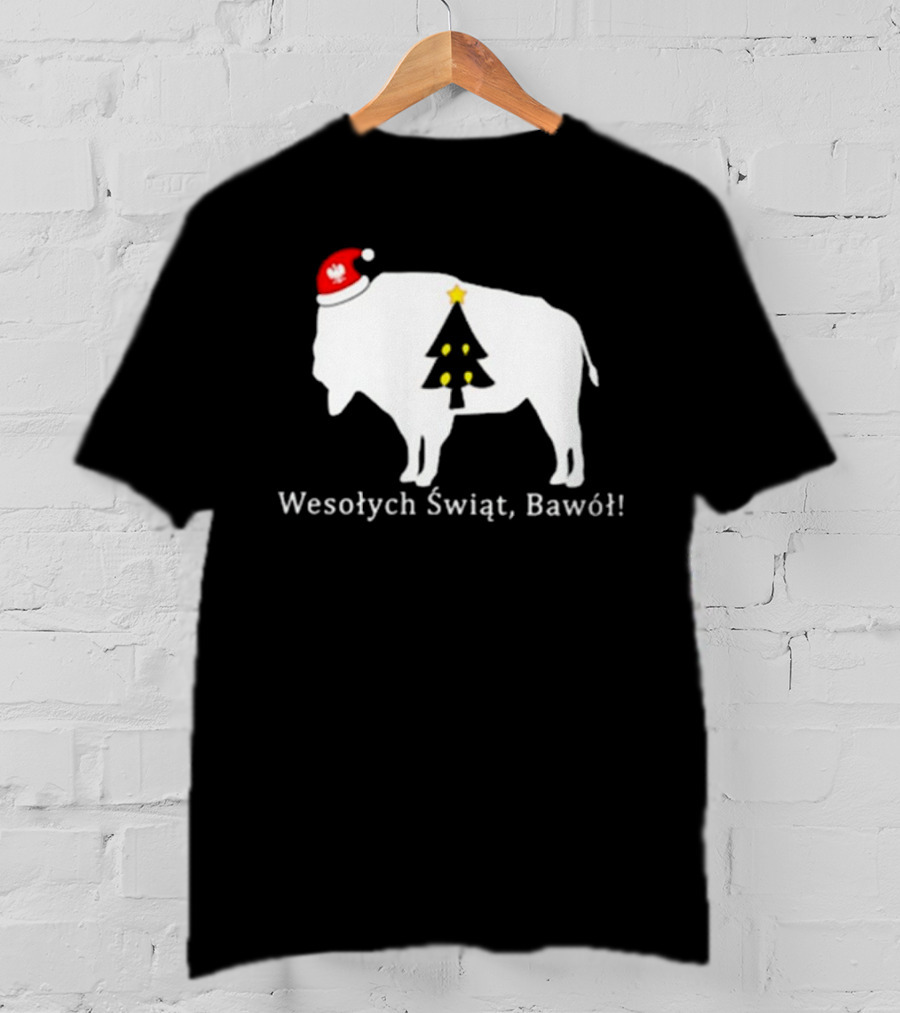 Merry Christmas Buffalo Wesolych Swiat Bawol Santa Hat Christmas Tree T-Shirt