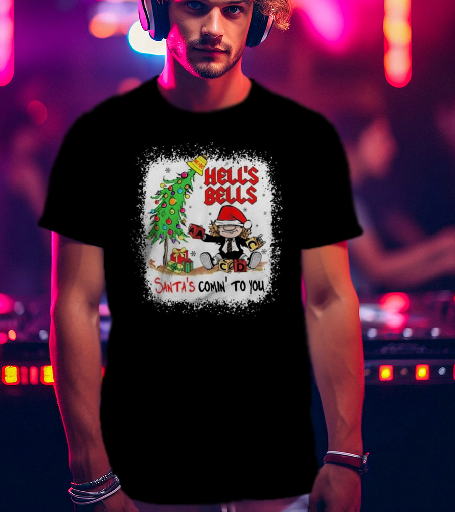 Hell’s Bells Santa’s Comin' To You Christmas Tree Presents ACDC Santa Hat T-Shirt
