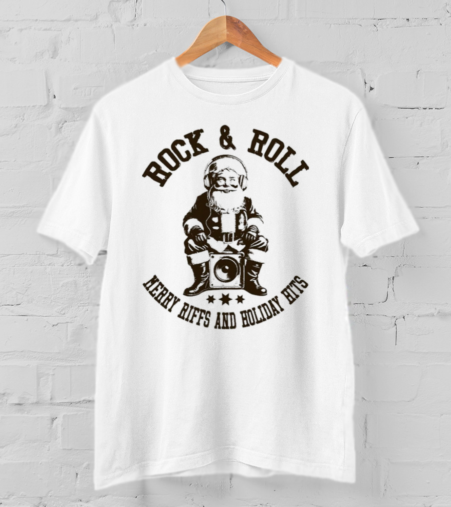 Rock And Roll Merry Riffs And Holiday Hits Santa Listening To Music T-Shirt