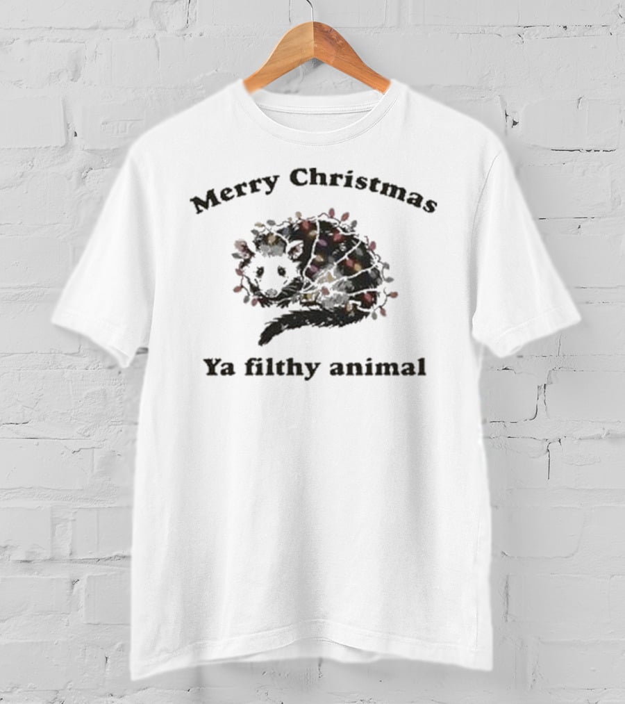 Merry Christmas Ya Filthy Animal Opossum With Christmas Lights T-Shirt