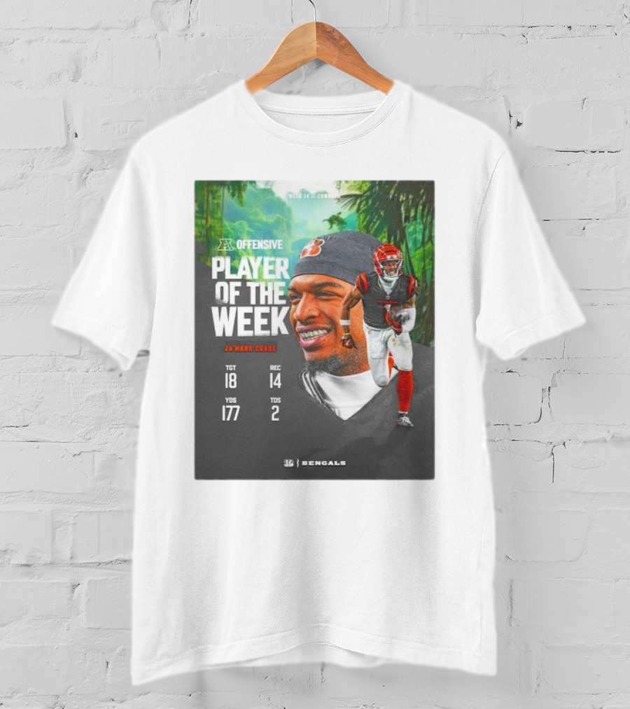 Ja’Marr Chase Cincinnati Bengals AFC Offensive Player Of The Week TGT 18 REC 14 YDS 177 TDS 2 Bengals T-Shirt