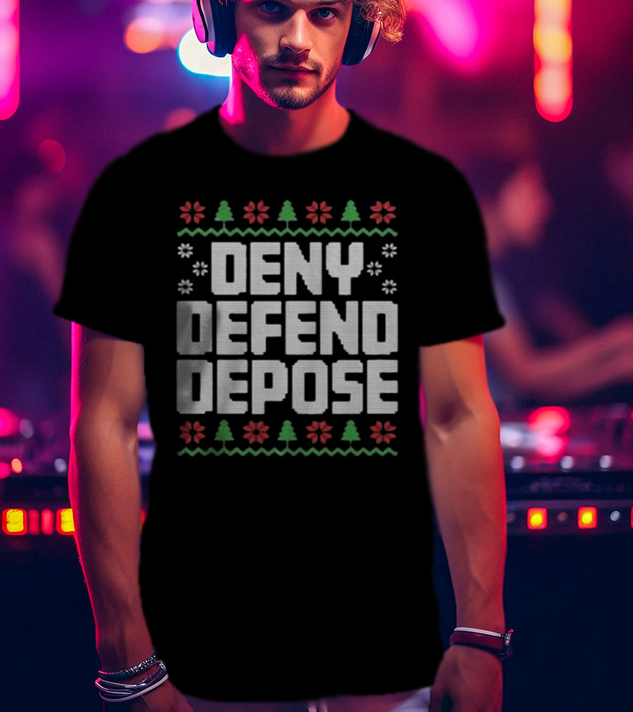 Deny Defend Depose Ugly Christmas Sweater Design With Trees And Flowers T-Shirt