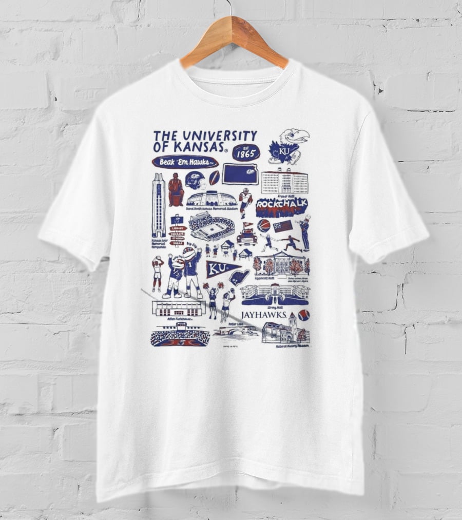 The University Of Kansas Est 1865 Beak 'Em Hawks Rock Chalk Jayhawks Allen Fieldhouse Memorial Stadium Jayhawk Blvd KU Icons And Sports T-Shirt