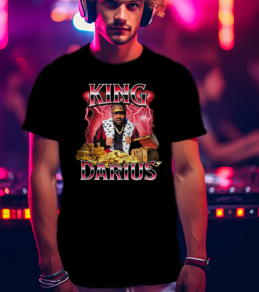 King Darius Royal Gold Treasure With Crown And Lightning Background T-Shirt