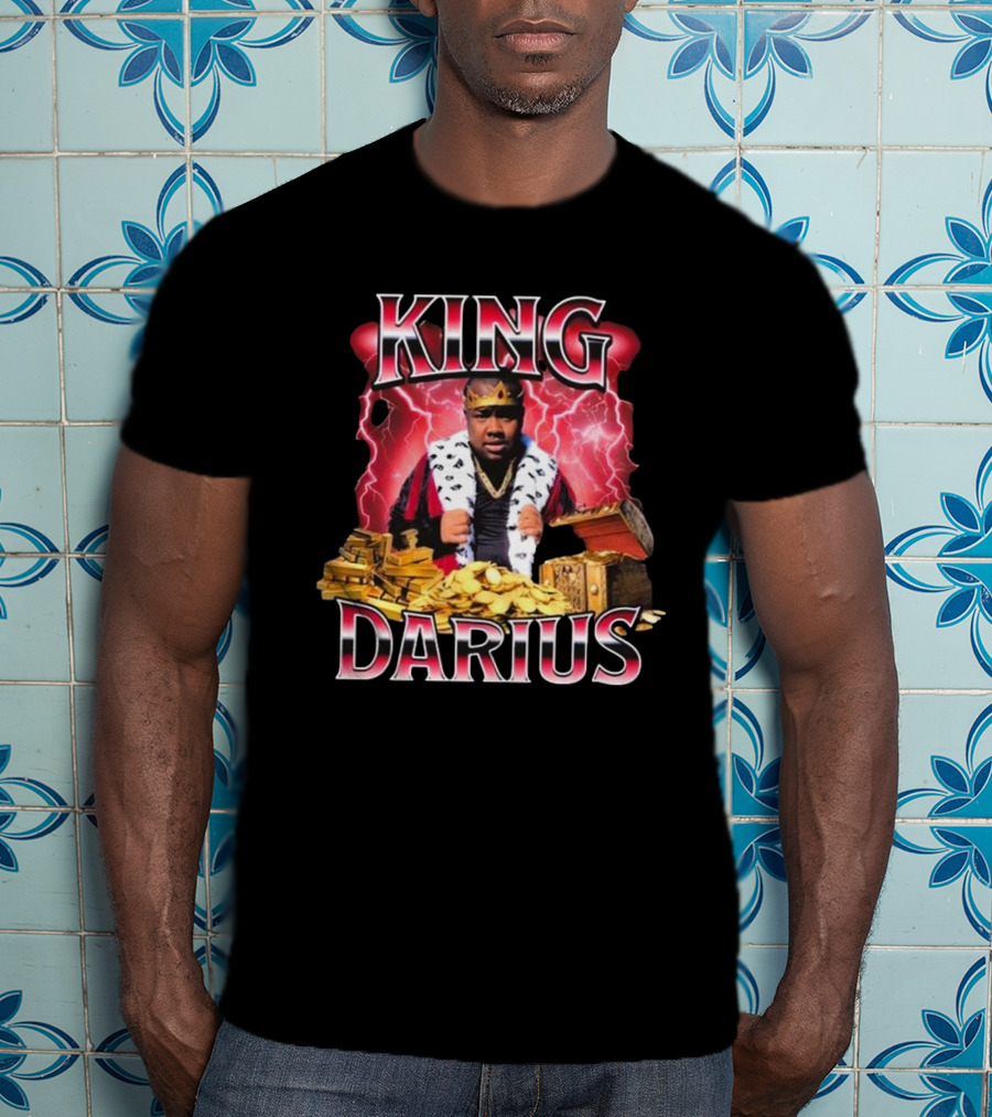 King Darius Royal Gold Treasure With Crown And Lightning Background T-Shirt