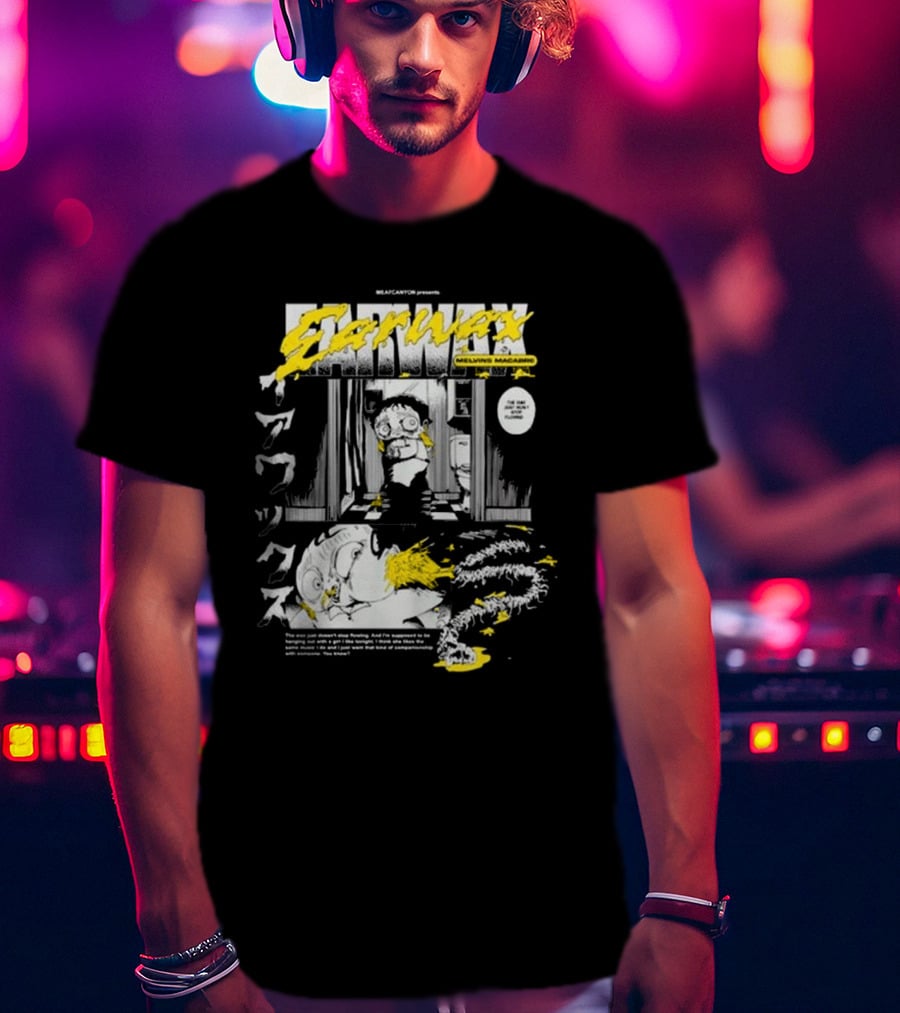 MEATCANYON Presents Earwax Melvin's Macabre Manga Comic Creepy Yellow Text Character Panels T-Shirt