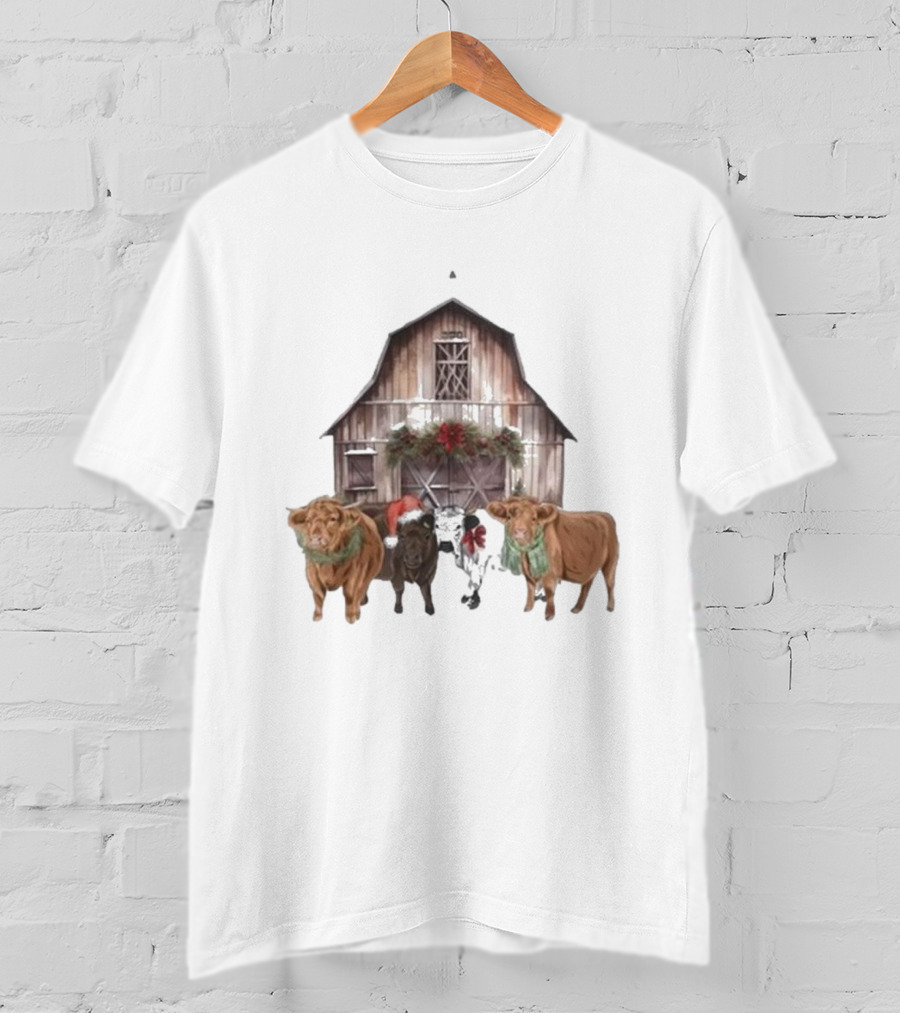 Katie Van Slyke Christmas Cows Barn Holiday Scene By Katie Van Slyke T-Shirt