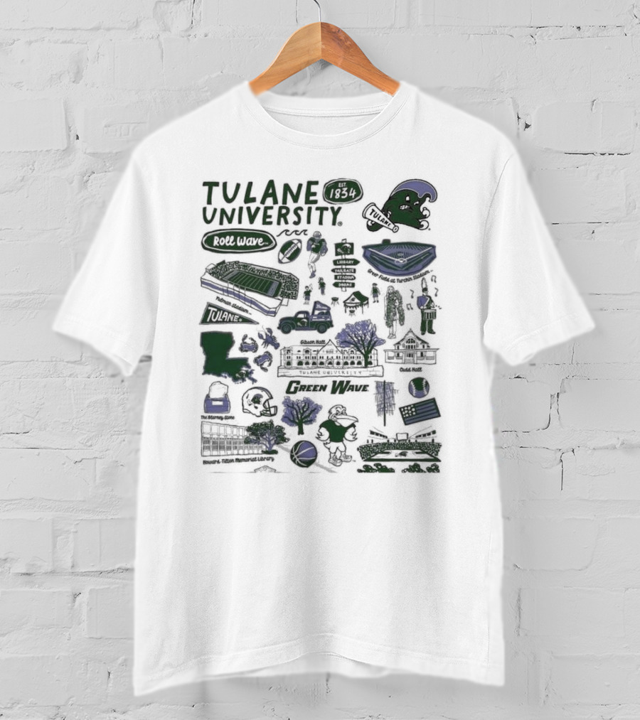 Tulane University Green Wave Roll Wave New Orleans Landmarks Est 1834 Tulane Stadium Riptide Mascot Iconography T-Shirt