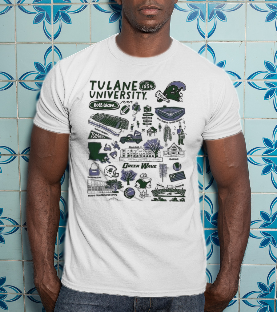 Tulane University Green Wave Roll Wave New Orleans Landmarks Est 1834 Tulane Stadium Riptide Mascot Iconography T-Shirt