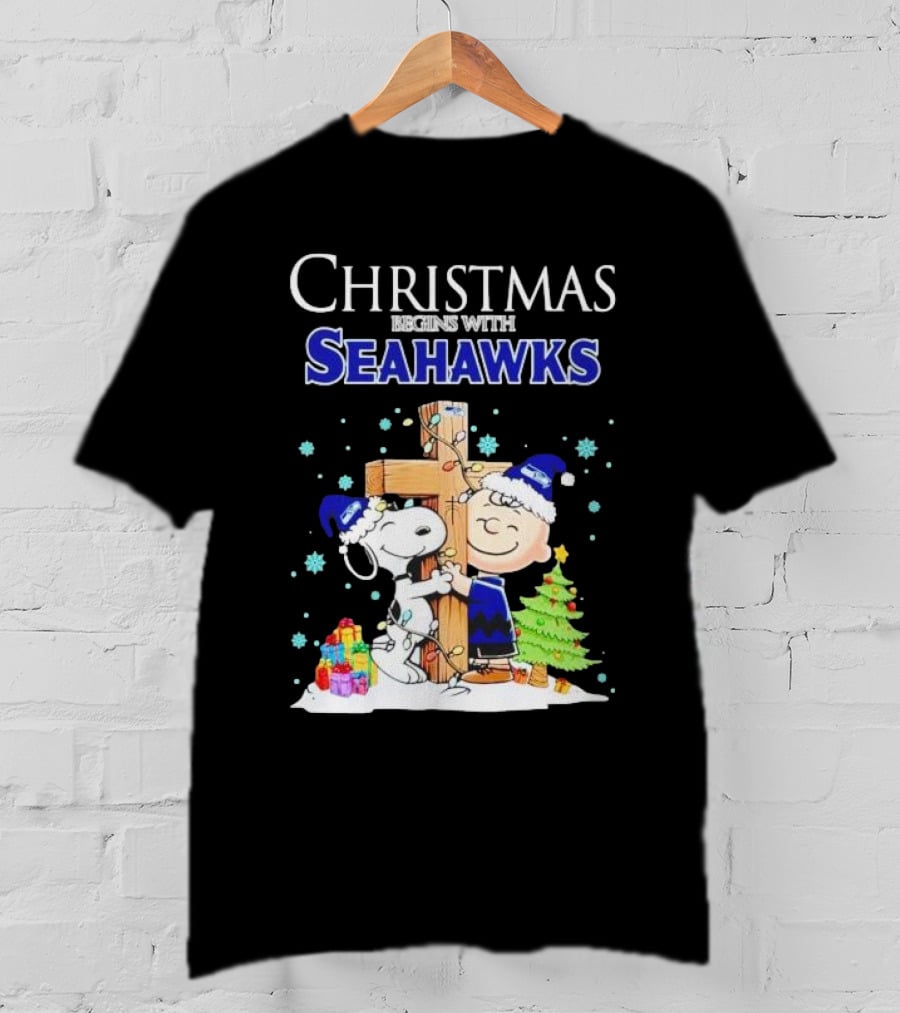 Christmas Begins With Seahawks Charlie Brown Snoopy Jesus Cross T-Shirt