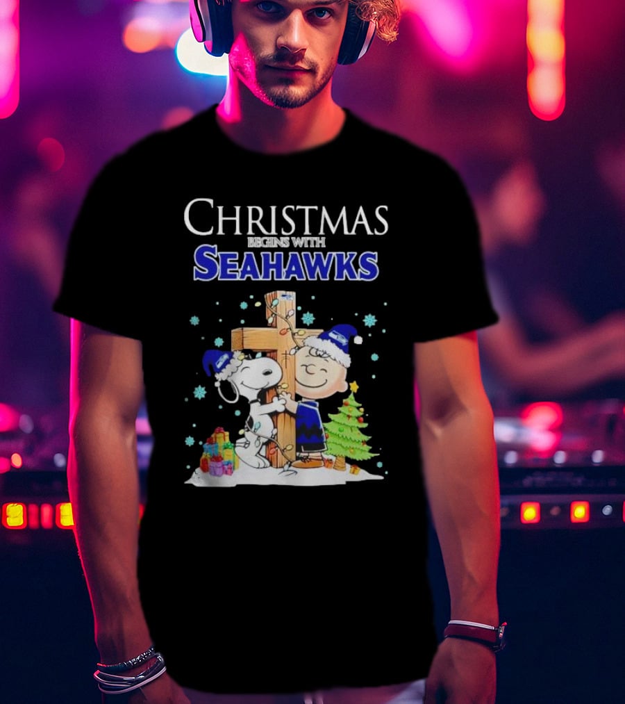 Christmas Begins With Seahawks Charlie Brown Snoopy Jesus Cross T-Shirt