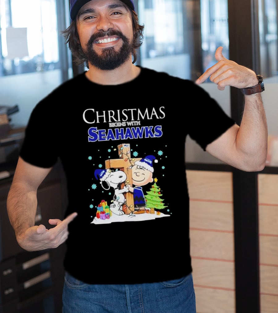 Christmas Begins With Seahawks Charlie Brown Snoopy Jesus Cross T-Shirt