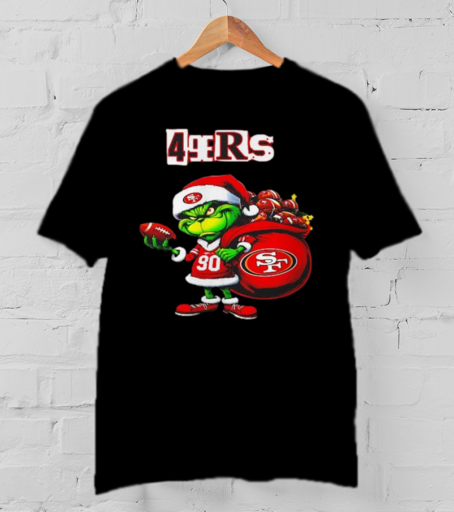 San Francisco 49ers Grinch With Santa Hat And Football Sack Christmas T-Shirt