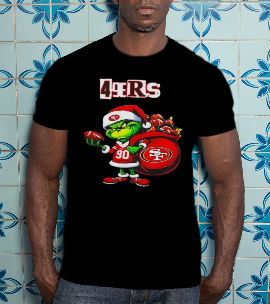 San Francisco 49ers Grinch With Santa Hat And Football Sack Christmas T-Shirt