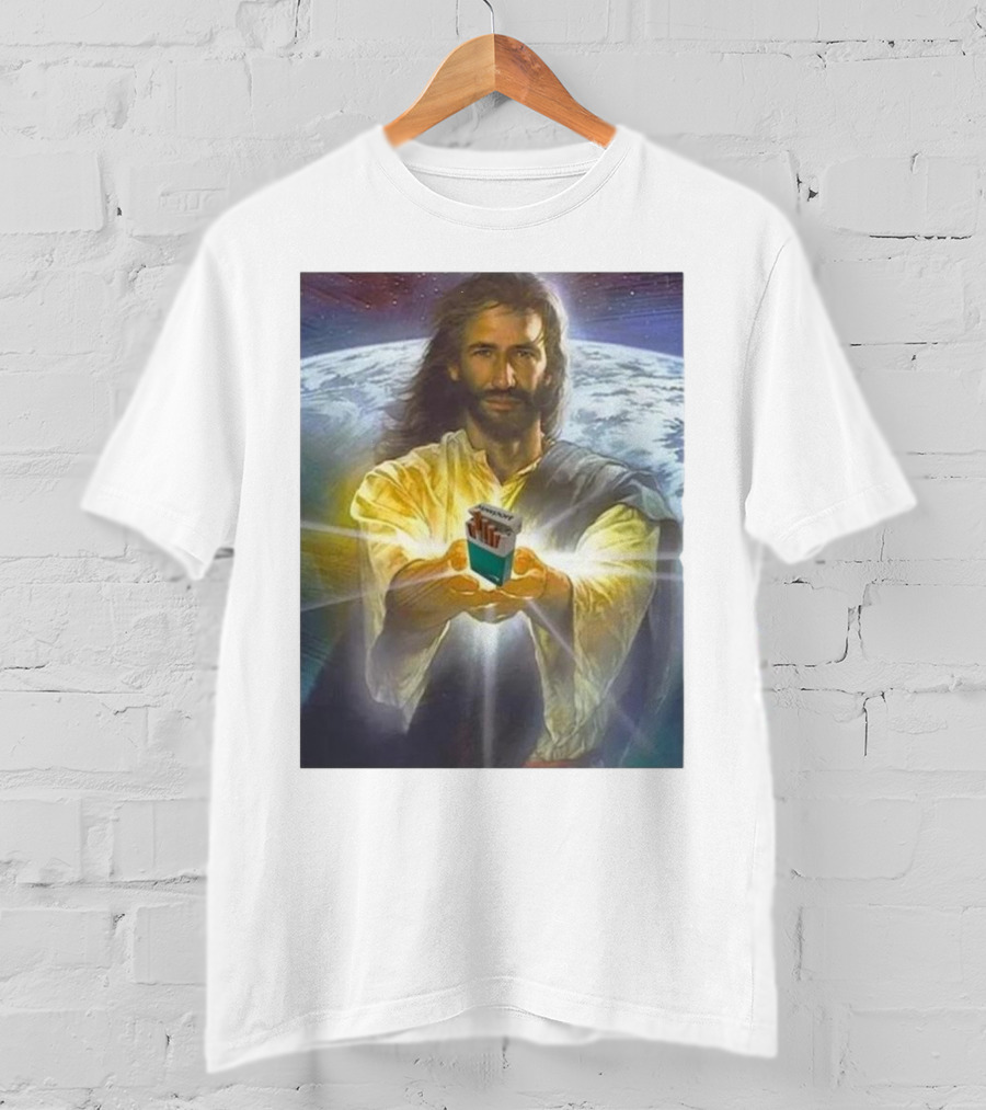 Jesus Offering Marlboro Cigarettes On Cosmic Background T-Shirt