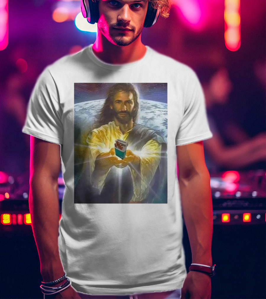 Jesus Offering Marlboro Cigarettes On Cosmic Background T-Shirt