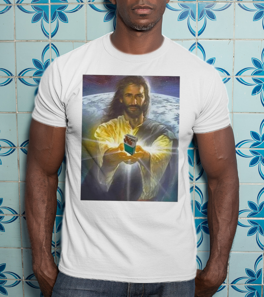 Jesus Offering Marlboro Cigarettes On Cosmic Background T-Shirt