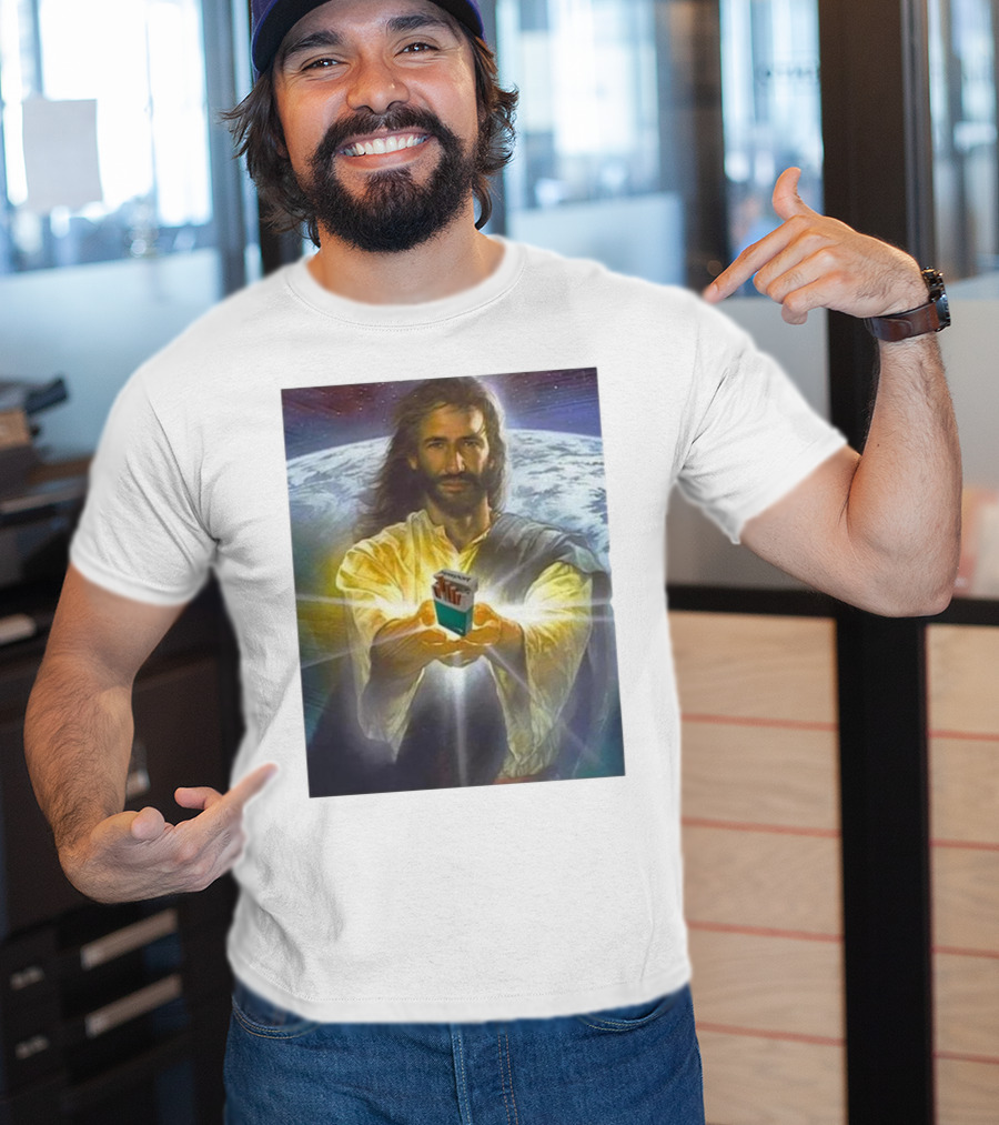 Jesus Offering Marlboro Cigarettes On Cosmic Background T-Shirt