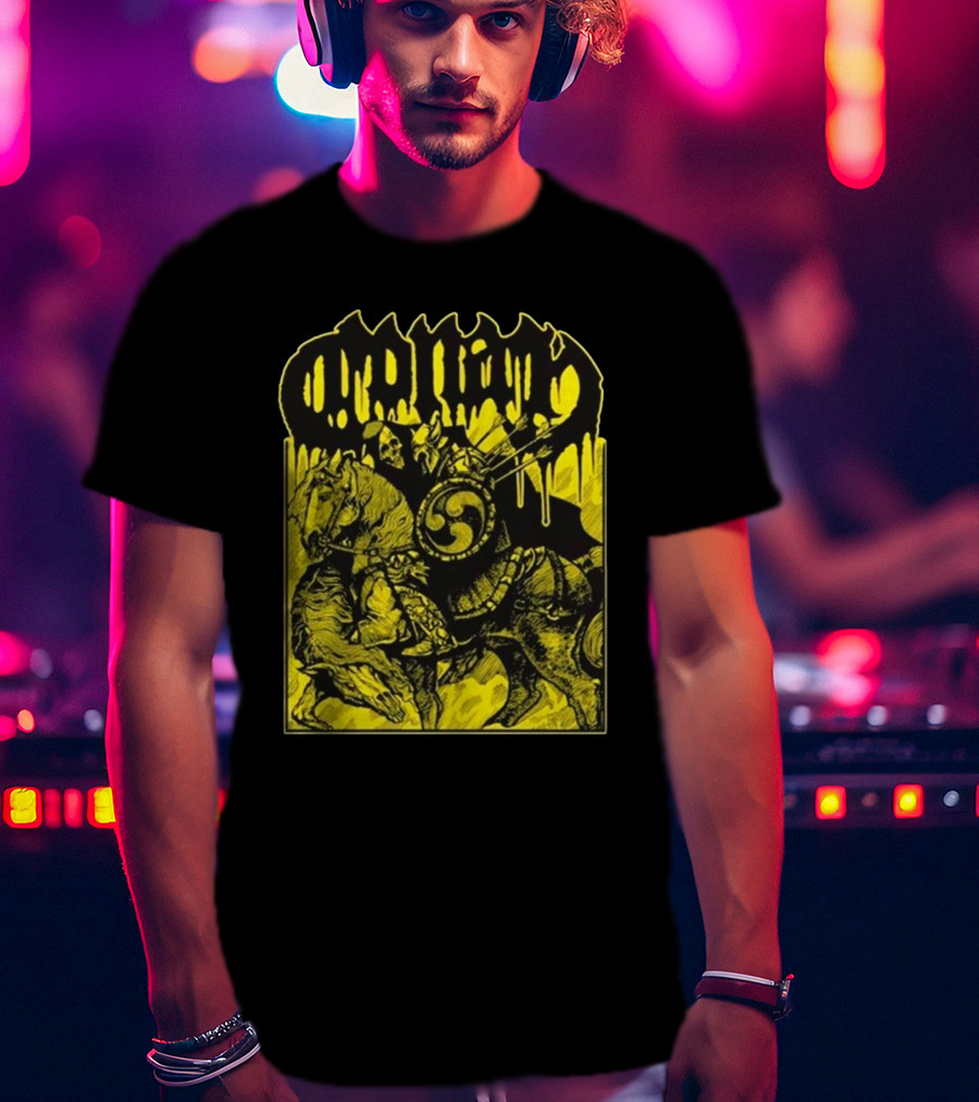 Conan Horseback Warrior With Shield And Hammer On Black And Yellow T-Shirt