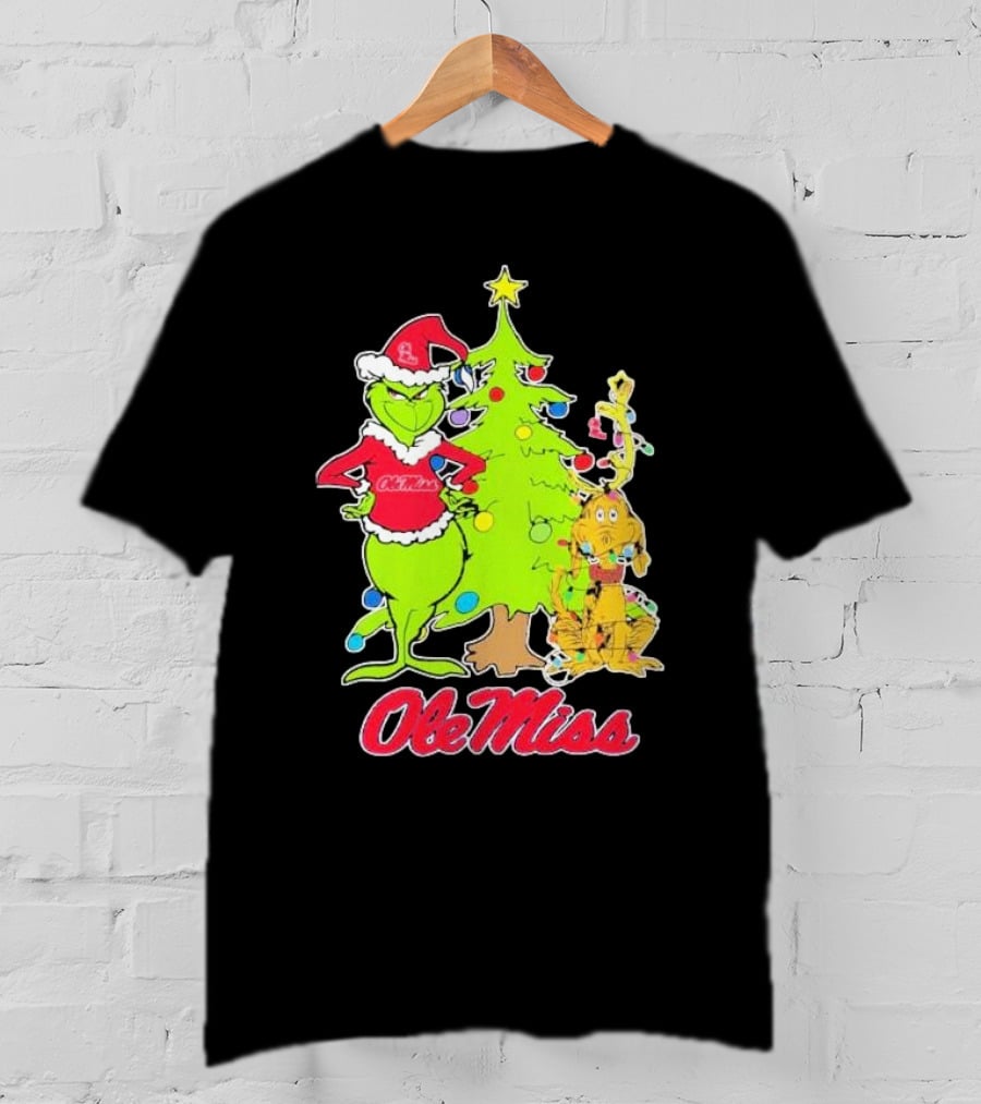 Ole Miss Rebels Grinch And Max Dog Christmas Tree T-Shirt