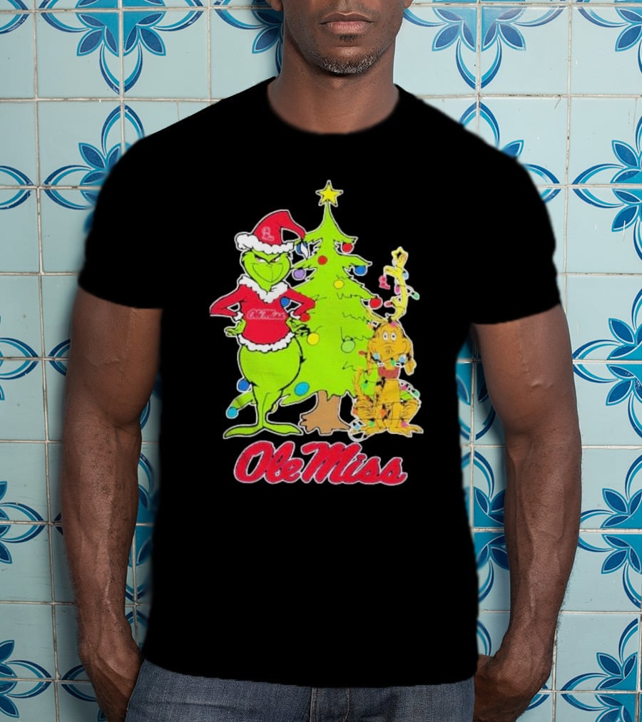 Ole Miss Rebels Grinch And Max Dog Christmas Tree T-Shirt