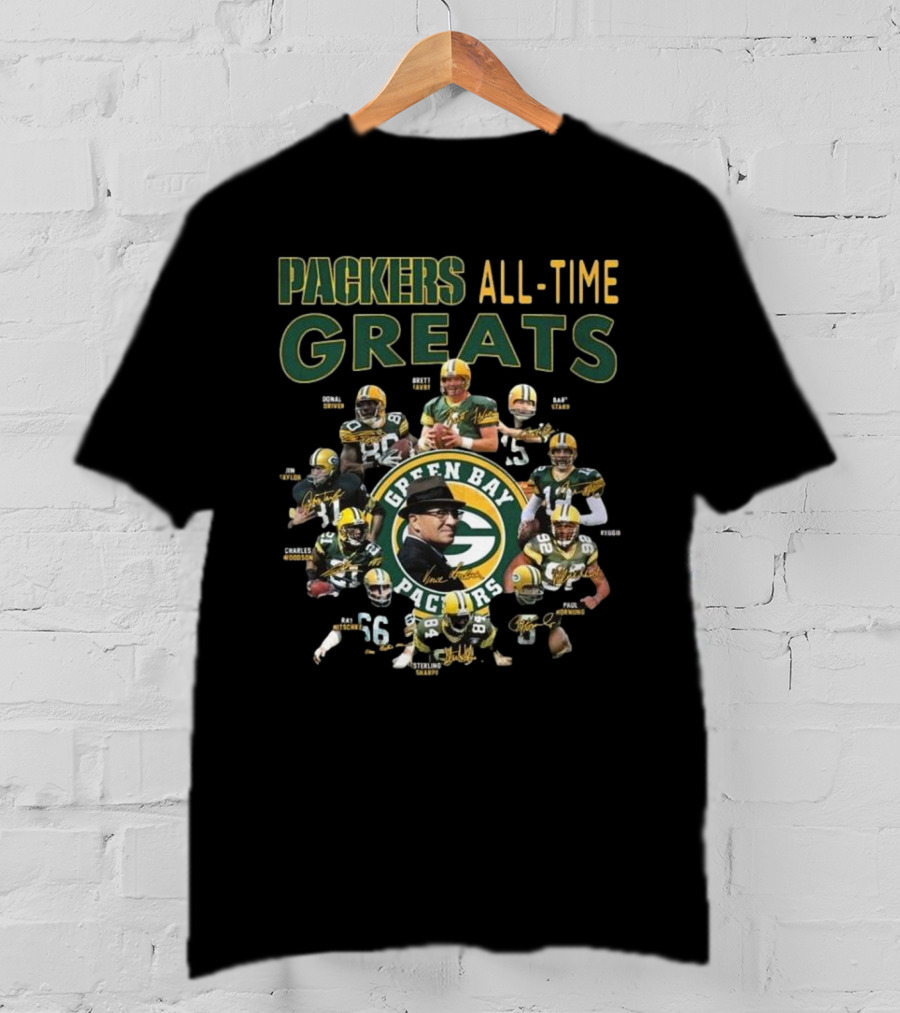 Packers All-Time Greats Green Bay Legends Signatures Brett Favre Bart Starr T-Shirt