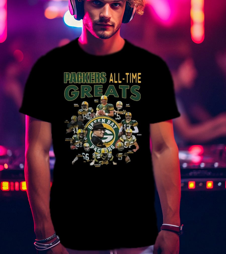 Packers All-Time Greats Green Bay Legends Signatures Brett Favre Bart Starr T-Shirt