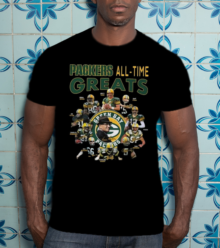 Packers All-Time Greats Green Bay Legends Signatures Brett Favre Bart Starr T-Shirt