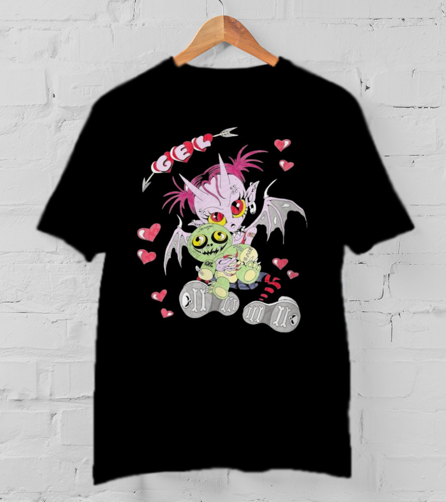 Gelhardcore Turbo Bat Creature Holding Plush Surrounded By Hearts T-Shirt