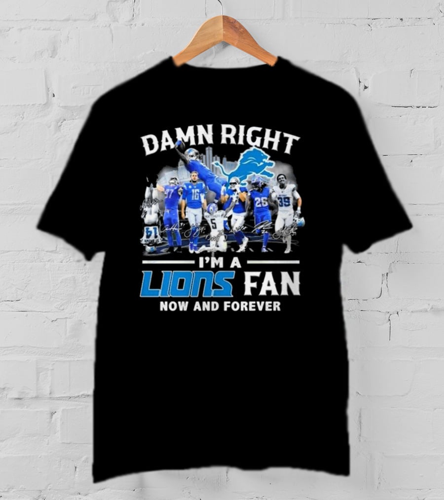 Damn Right I'm A Detroit Lions Fan Now And Forever Signatures Skyline T-Shirt