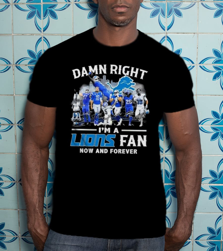 Damn Right I'm A Detroit Lions Fan Now And Forever Signatures Skyline T-Shirt