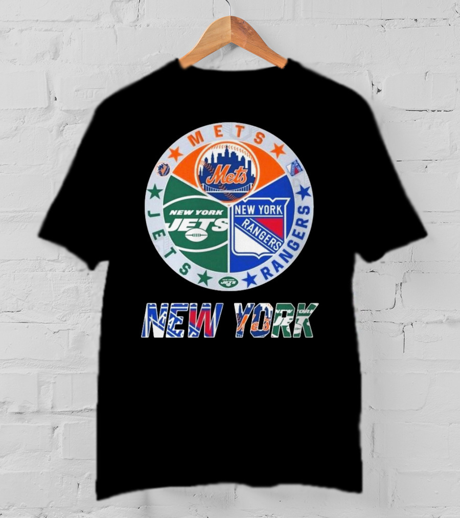 New York Mets Rangers Jets Circle Logo Skyline Baseball Football Hockey Teams T-Shirt