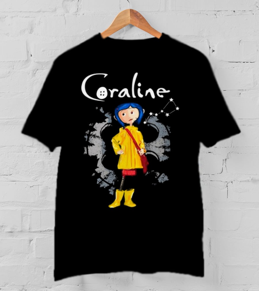 Coraline Character In Yellow Coat With Button Eyes And Star Constellation Background T-Shirt